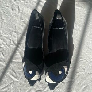 Pierre Hardy Leather & Suede Eye Applique Pumps With Kitten Heels …